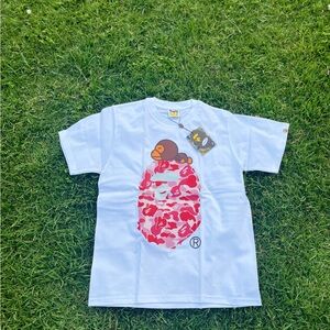Bape White Tee with Pink & Red Baby Milo Camo Egg